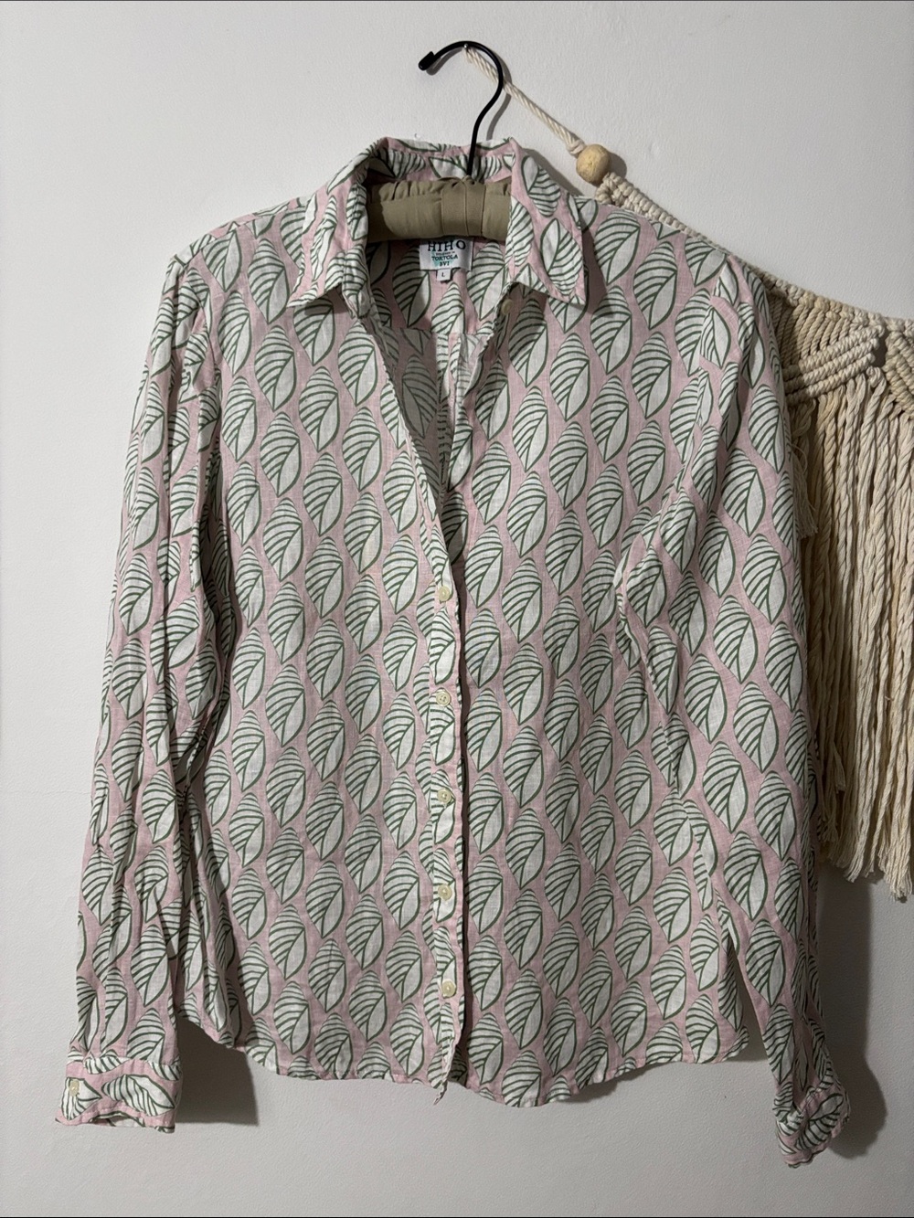 100% Linen Hiho Light Pink Leaf-Print Button-Down Shirt